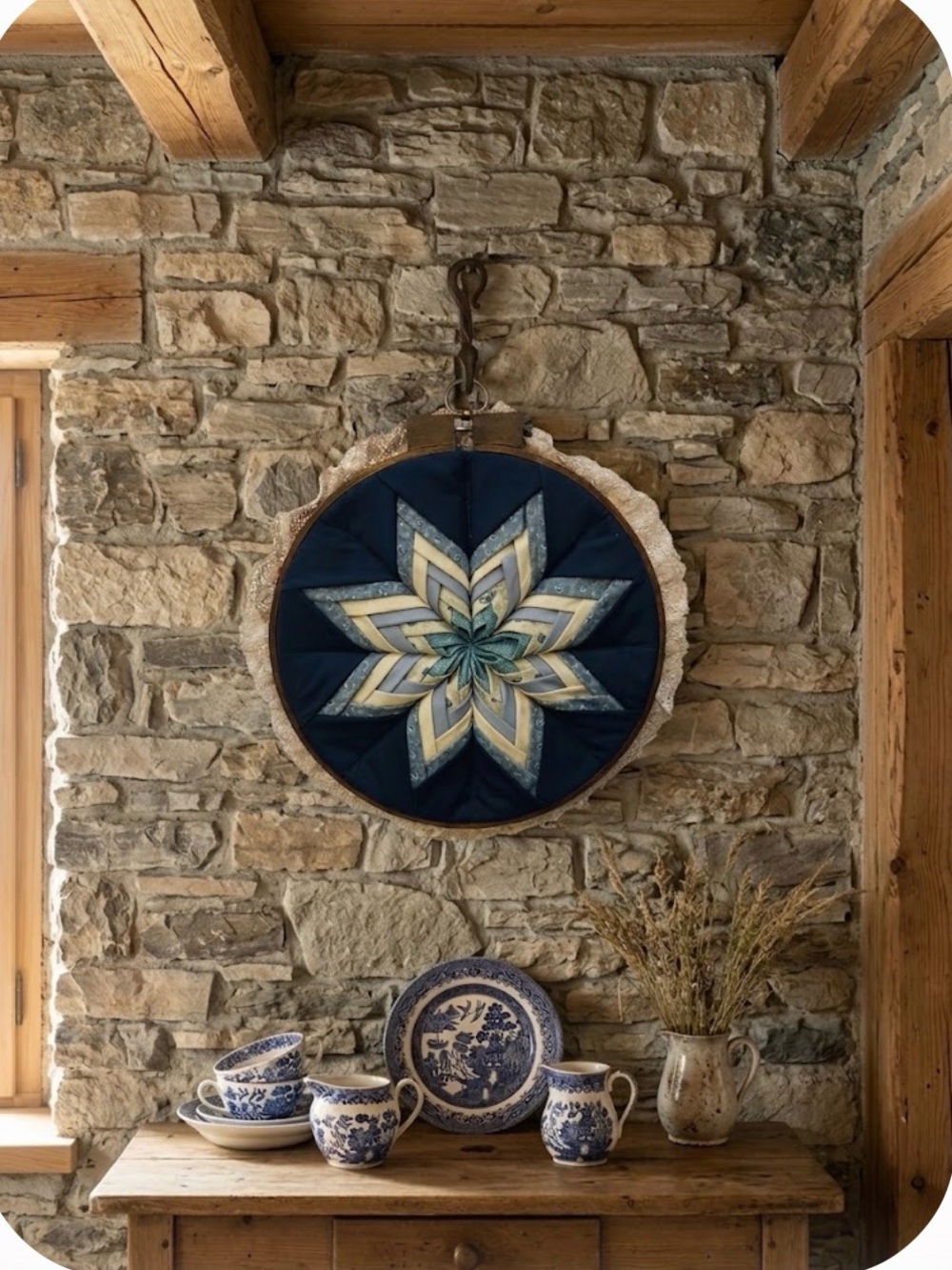 Quilted folded star-country style-on embroidery hoop-lace backing-8 points star